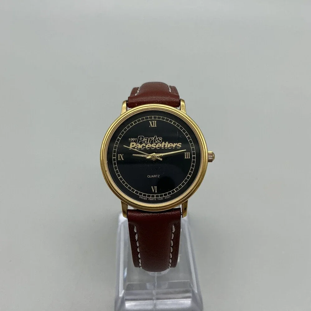 Vintage Parts Pacesetters Mens Watch 32mm Black Logo Dial Leather New Battery